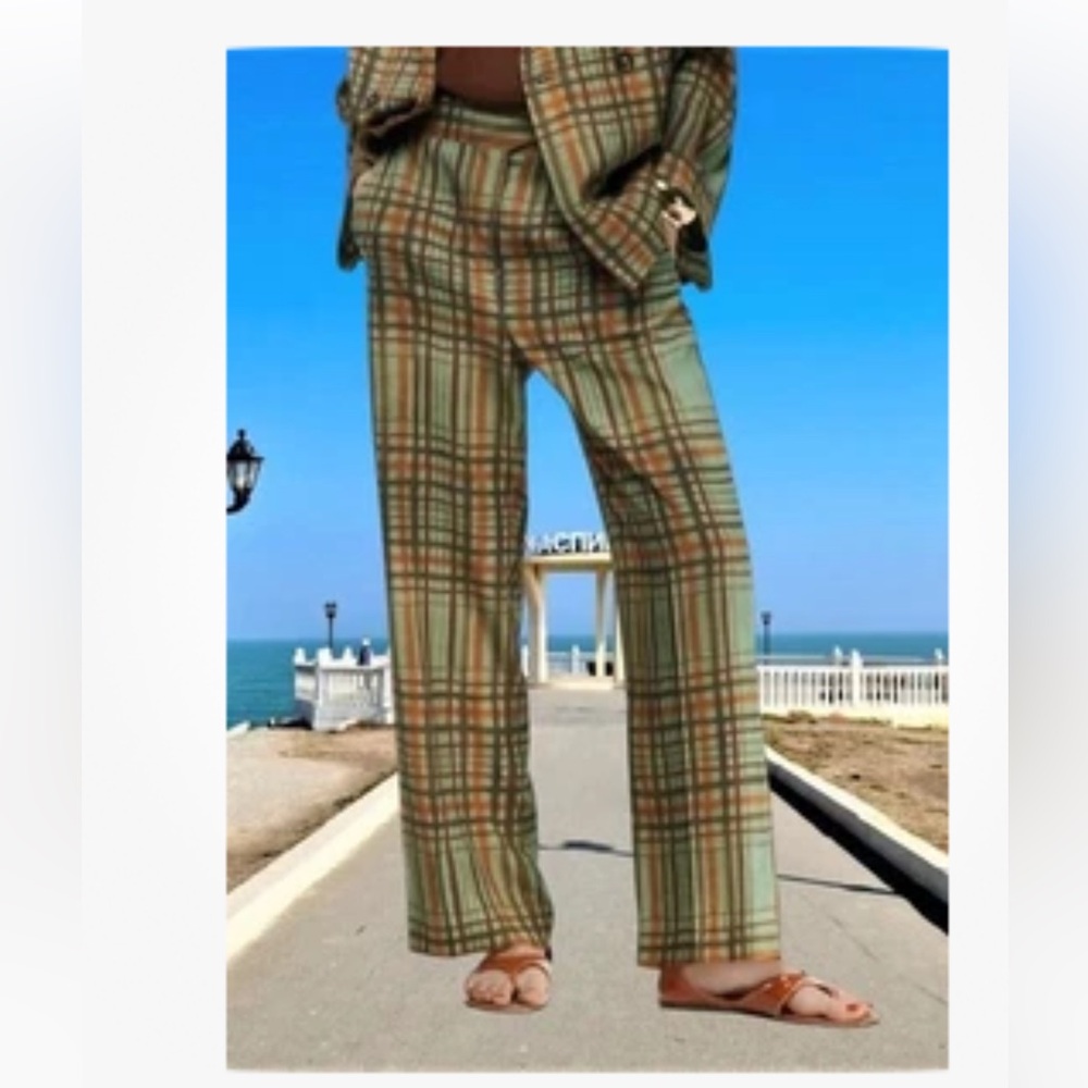 Zara COLLECTION CROP FLARE PLAID PANTS Green with Brown Stripes